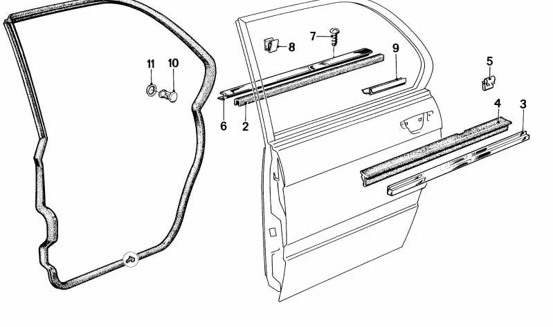 Junta de puerta trasera izquierda OEM 51221874879 para BMW E28. Original BMW.