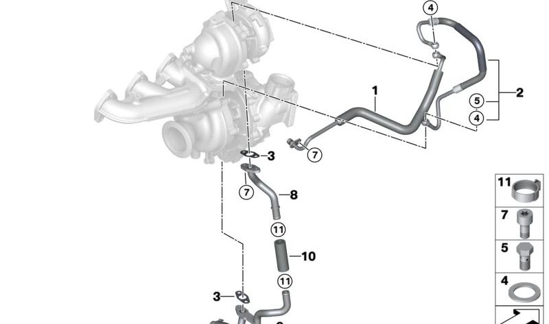 Tubo de aceite turbo OEM 11428513622 para BMW F20, F21, F22, F23, F30, F31, F34, F32, F33, F36, G30, G31, G11, G12, G01, G02, F15. Original BMW.