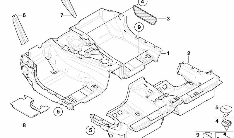 Alfombrilla suelo trasero derecho OEM 51477040612 para BMW E63, E64. Original BMW.