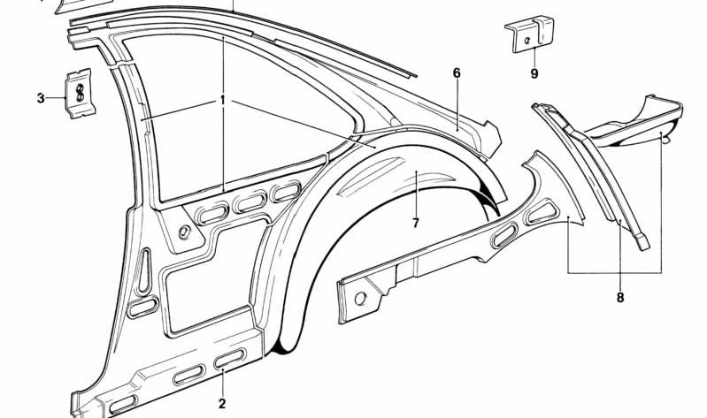 Aleta trasera exterior izquierda OEM 41211886335 para BMW E24 628CSi, 635CSi. Compatible con todos los modelos desde 1978 hasta 1987. Pieza original BMW.