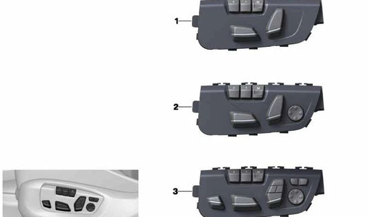Interruptor ajuste asiento derecho OEM 61319347452 para BMW F06, F12, F13, F15, F16. Compatible con todos los modelos indicados. Recambio original BMW.