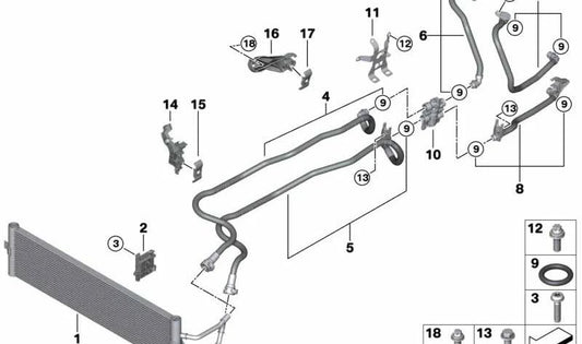 Enfriador de aceite de la caja de cambios OEM 17218619387 para BMW G30, G30N, G31, G31N, G38, G32, G32N, G11N, G12N, G14, G15, G16. Original BMW.