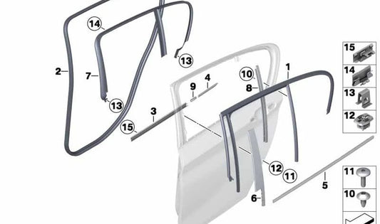 Guía de ventana puerta trasera derecha OEM 51347240840 para BMW F20, F21. Original BMW.