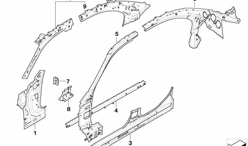 Larguero lateral derecho OEM 41127111294 para BMW E60, E60N, E61, E61N. Pieza estructural original BMW.
