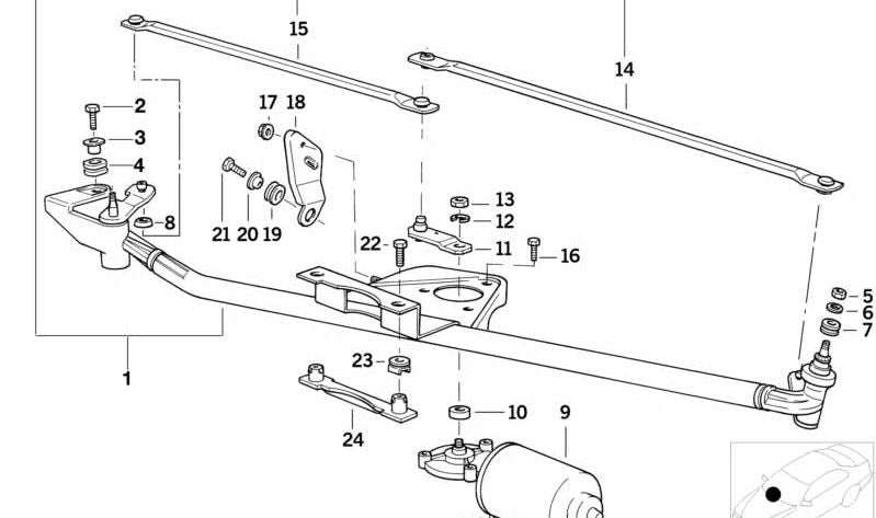 Barra de transmisión limpiaparabrisas OEM 61618353126 para BMW E36 316i, 318i, 318is, 320i. Original BMW.