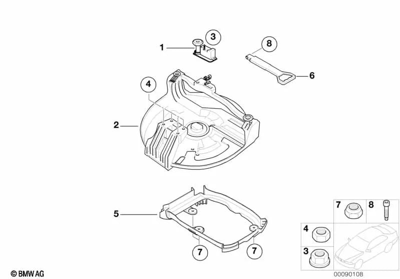 Spare wheel lowering mechanism for BMW 3 Series E46, X3 E83, E83N (OEM 51713452198). Original BMW.