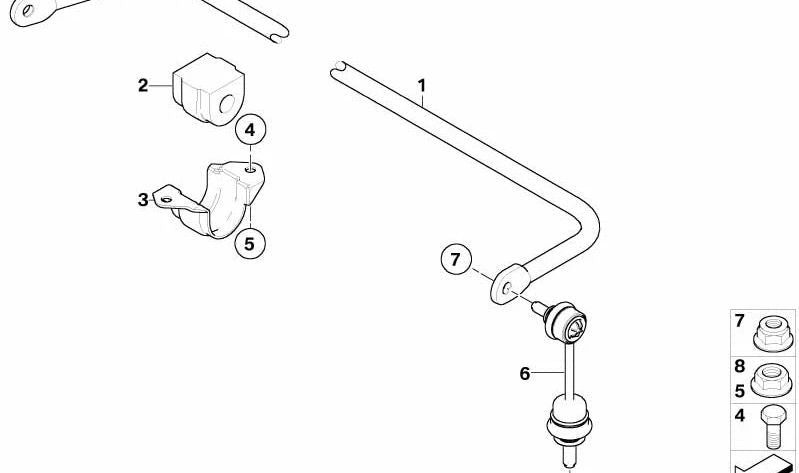 Silentblock traseiro estabilizador OEM 33552283073 para BMW E60 M5 e E63 M6. Diâmetro 18mm. Compatível com versões com mudança de motor e manual S85. BMW original.