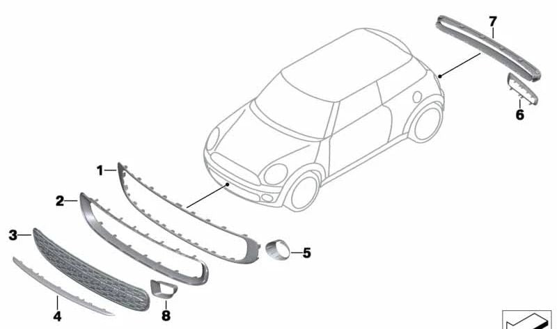 Paramento faro antiniebla izquierdo OEM 51117248791 para MINI R56 LCI, Clubman R55 LCI, Cabrio R57 LCI, Coupé R58, Roadster R59. Original MINI.