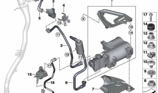 Soporte de sistema de ventilación OEM 16117410718 para BMW F45, F48, F39 y MINI F60. Compatible con modelos 225xe, xDrive25e y Cooper S. Original BMW y MINI.