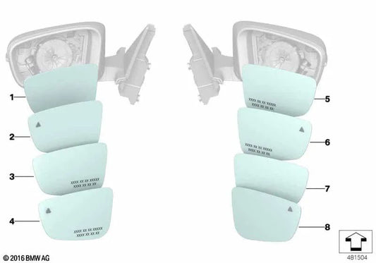 Right wide angle mirror glass OEM 51167407158 for BMW 5 Series F90, G30, G31, 6 Series G32, 7 Series G11, G12, 8 Series G14, G15, G16... and more. Genuine BMW.