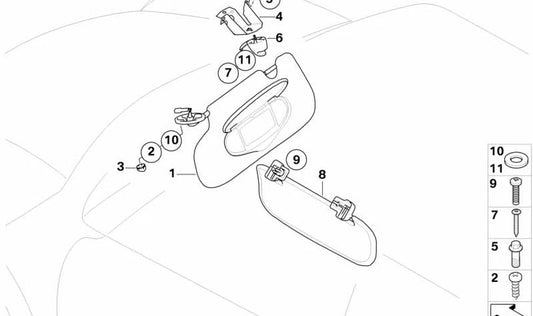 Viseira solar lateral esquerda OEM 51162753551 para MINI R56, R56 LCI, Clubman R55, Clubman R55 LCI. MINI originais.