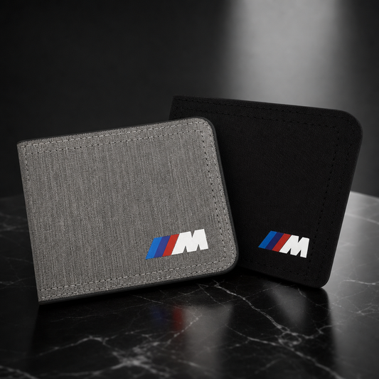 Cartera BMW M gris y negra con logo M sobre tejido tramado - vista principal premium