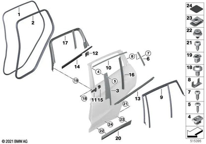 Moldura de puerta trasera izquierda para BMW X3 G01, G01N, X4 G02, G02N (OEM 51138499211). Original BMW