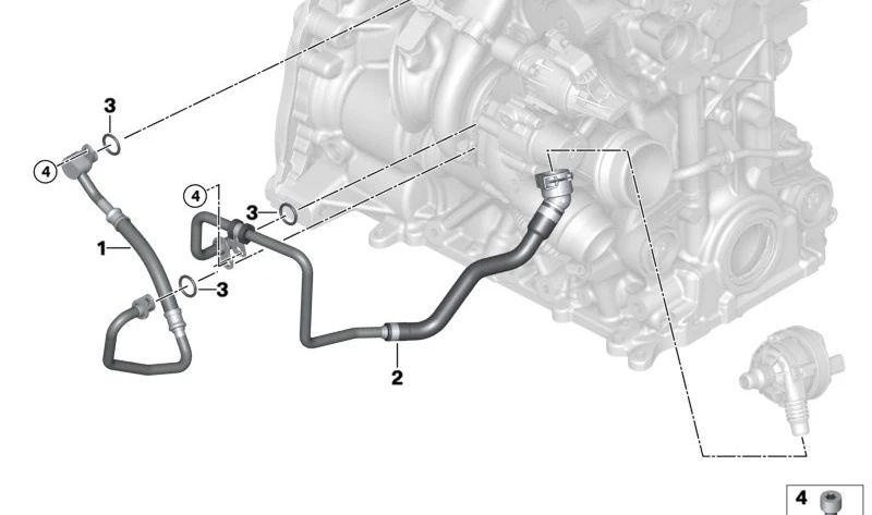Tubo de refrigeración turbo a bloque motor OEM 11538489610 para BMW {F65,F66,U25,F70,G42,U06,G20,G20N,G21,G21N,G28,G22,G22N,G23,G23N,G26,G26N,G30,G30N,G31,G31N,G60,G61,G68,G32,G32N,G11N,G12N,U11,U12,U10,G01,G01N,G08N,G45,G02,G02N,G05,G06,G06N,G29}.