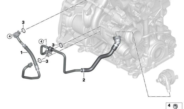 Tubo de refrigeración turbo a bloque motor OEM 11538489610 para BMW {F65,F66,U25,F70,G42,U06,G20,G20N,G21,G21N,G28,G22,G22N,G23,G23N,G26,G26N,G30,G30N,G31,G31N,G60,G61,G68,G32,G32N,G11N,G12N,U11,U12,U10,G01,G01N,G08N,G45,G02,G02N,G05,G06,G06N,G29}.
