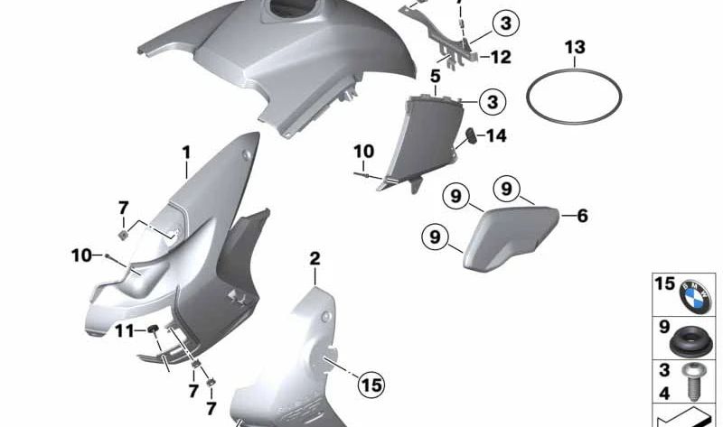 Rivestimento destro del serbatoio del carburante OEM 46637693434 per BMW Motorrad R1200 GS K25. BMW Motorrad originale.