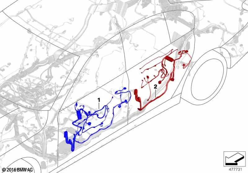 Driver side door wiring for BMW 5 Series F90, G30, G31 (OEM 61125A085D6). Original BMW.