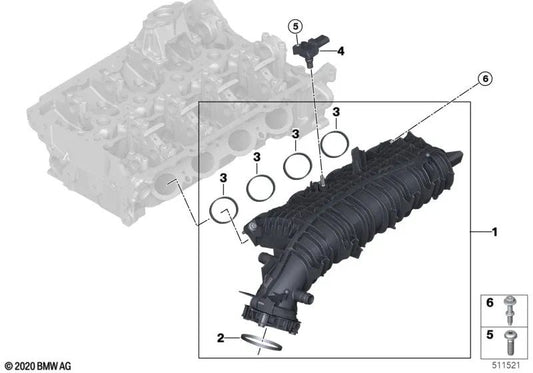 Intake system for BMW Series 2 G42, Series 3 G20, G20N, G21, G21N, G28, G28N, Series 4 G22, G23, G26, Series 5 G30, G30N, G31, G31N, G38N, X3 G01, G01N, G08, G08N, X4 G02, G02N (OEM 11618655869). Genuine BMW