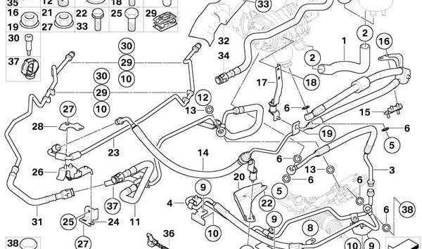 Tubo de retorno de dirección asistida OEM 32416766144 para BMW E60, E60N, E61, E61N, E63N, E64N. Original BMW.