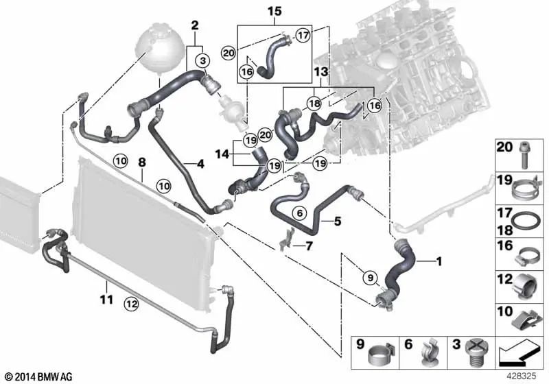 Intake pipe for BMW F20, F21, F22, F23, F30, F31, F34, F35, F32, F33, F36, F07, F10, F11, F18, E84, F25, F26, F15, F16, E89 (OEM 11537639998). Original BMW