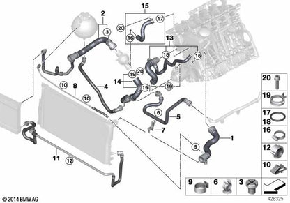 Intake pipe for BMW F20, F21, F22, F23, F30, F31, F34, F35, F32, F33, F36, F07, F10, F11, F18, E84, F25, F26, F15, F16, E89 (OEM 11537639998). Original BMW