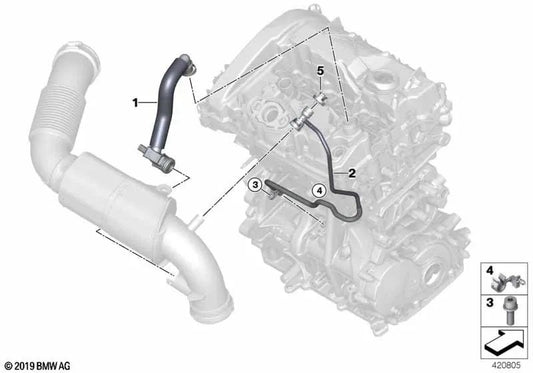 Ventilation tube for BMW 1 F40 series, F52, series 2 F44, F45N, F46, F46N, X1 F48, F48N, F49N, X2 F39, Mini F54, F54N, F55, F55N, F56, F56N, F57, F57N, F60, F60 , F60, F60, F60, F60N (OEM 11158637970). Original BMW.