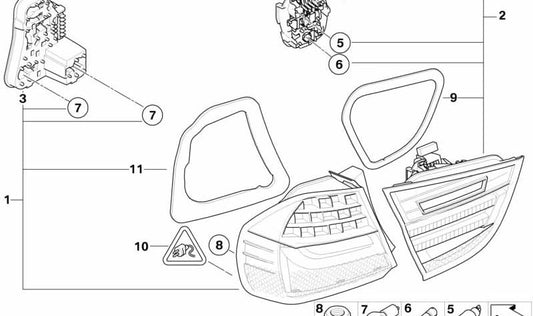 Junta goma tapa piloto trasero izquierdo OEM 63217242147 para BMW E90, E91. Original BMW.