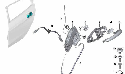Cable interior maneta exterior trasera OEM 51227446976 para BMW F40, F70. Original BMW.