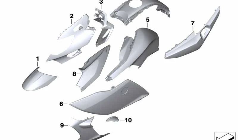 Unterhalb der rechten Abdeckung der OEM-Einzahlung 46638526324 für BMW Motorrad K1600 GT (KK48, 2010-2016). Hellgraue Farbe. Original BMW Motorrad Stück.