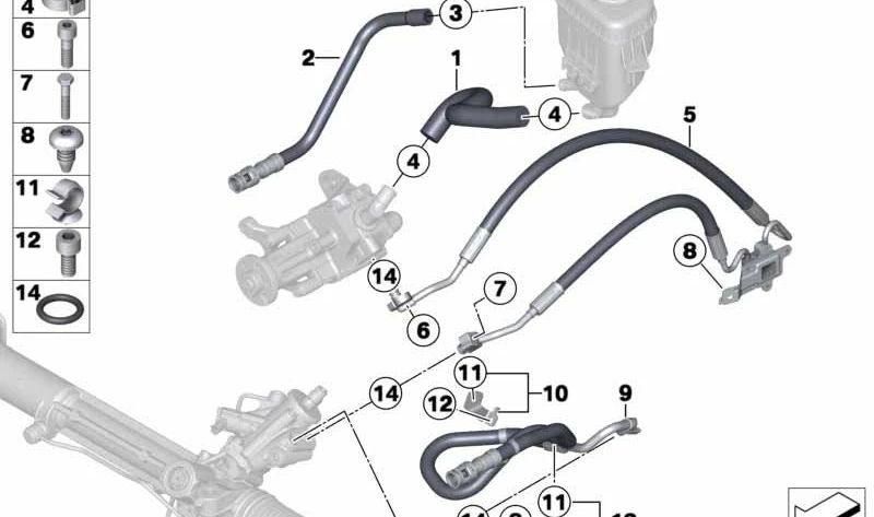 Tubo de retorno de dirección OEM 32416781834 para BMW F06, F07, F10, F11, F12, F13, F01, F02. Compatible con versiones 530d xDrive, 535d xDrive. Recambio original BMW.