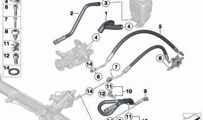 Tubo de retorno de dirección OEM 32416781834 para BMW F06, F07, F10, F11, F12, F13, F01, F02. Compatible con versiones 530d xDrive, 535d xDrive. Recambio original BMW.