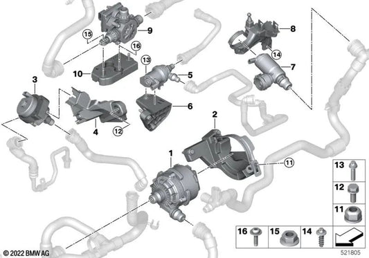 Zusätzliche Wasserpumpenstütze für die BMW 5 G60 -Serie, 7 G70 -Serie, X5 G05N G18N, X6 G06N, X7 G07N, XM G09 (OEM 11519454066). Original BMW.
