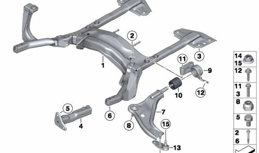 Soporte de brazo transversal con soporte de goma derecho OEM 31126783182 para MINI R56, R55, R57, R58, R59. Original MINI.