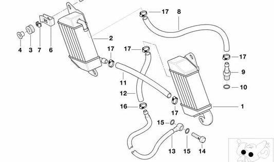Refrigerador de aceite derecho OEM 17211342208 para motos BMW R 850 C, R 1200 C, R 1200 CL. Original BMW Motorrad.