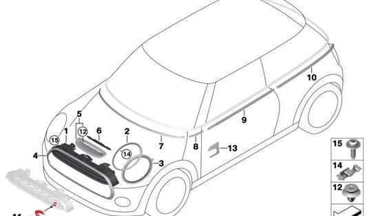 Rejilla decorativa capó delantero OEM 51137386801 para MINI F56, F55, Cabrio F57. Original MINI.