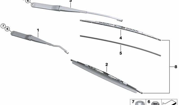 Brazo del limpiaparabrisas lado conductor OEM 61617198673 para BMW E85 y E86. Original BMW.