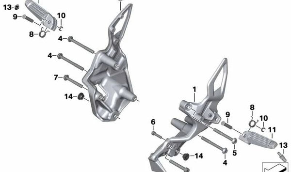 Soporte reposapiés izquierdo OEM 46718534959 para BMW Motorrad R1200GS, R1200GS Adventure, R1200R, R1200RT, R nineT, HP2 Enduro. Compatible con múltiples modelos. Original BMW Motorrad.