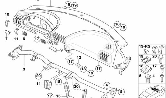 Soporte barra portante OEM 51458398954 para BMW Serie 1 E81, E82, E87, E88; Serie 3 E90, E91, E92, E93. Original BMW.