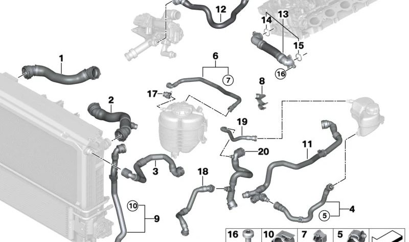 Chauffage de retour pour le tuyau de BMW 2 G42, 3 G20 Series, G21, 4 G22 Série, G23, G26 (OEM 17128654856). BMW d'origine