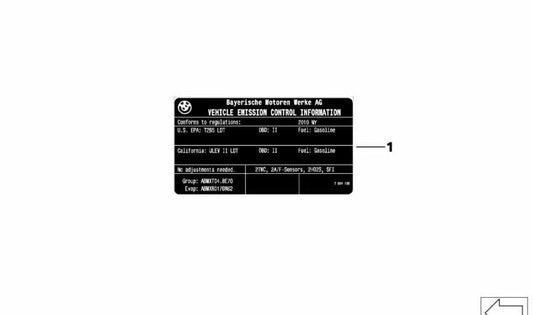 Placa informativa gases escape OEM 71212122011 para BMW E46, E38, E65, E66, E53. Señal adhesiva original para compartimento motor. Original BMW.
