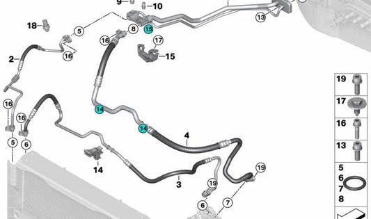 Tubo de succión del aire acondicionado OEM 64506833626 para BMW F15 y F16. Conecta el evaporador con el compresor. Original BMW.
