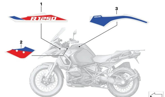 Emblema do lado esquerdo para pára -lamas frontais OEM 51141542013 para BMW Motorrad R 1250 GS Adventure (RK51) de 01/09/2020 a 31/05/2024. BMW Motorrad original.