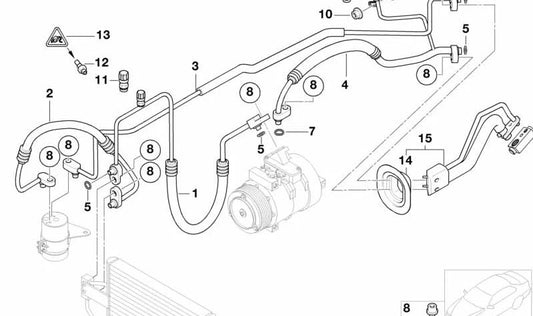 Tubería de succión del evaporador al compresor OEM 64538377250 para BMW E52 Z8. Original BMW.