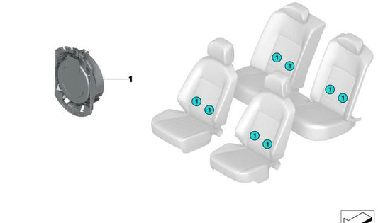 Altavoz shaker OEM 65135A024F7 para BMW G70 e i20 (7 Series). Componente original para asientos con sistema de sonido. No requiere instalación por parte del usuario. Original BMW.
