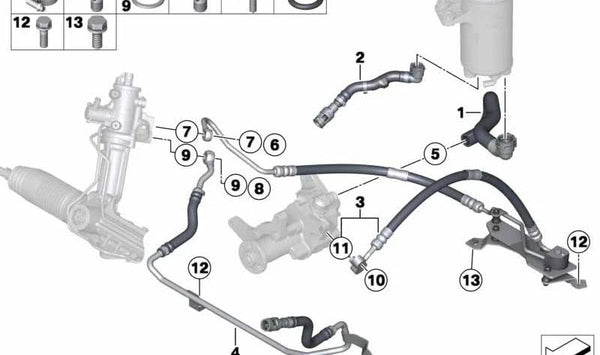 Tubo de retorno de dirección asistida OEM 32416793671 para BMW E70, E71. Original BMW.