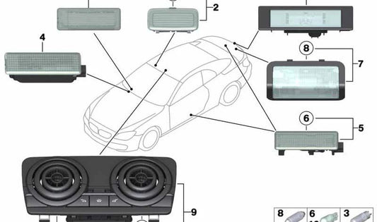 Luce interno regolabile per BMW 5 F07 Series, F10, F11, F18, Serie 6 F06, F06N, 7 F01 Serie, F02, F04 (OEM 63319321574). BMW originale.