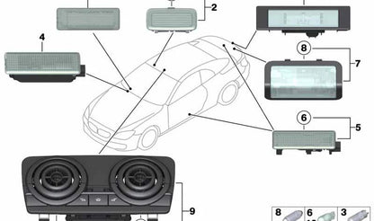 Luz interior habitáculo OEM 63316961999 para BMW E60, E61, F10, F11, E63, E64, F06, F12, F13, E65, E66, F01, F02, F04, E84, E70, E71, E72, E85 y MINI R50, R52, R53, R55, R56, R57, R58, R59, R60, R61. Original BMW y MINI.