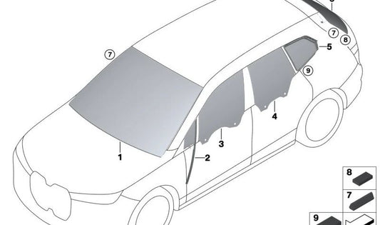 Rear right door side glass for BMW I20 (OEM 51359477326). Original BMW