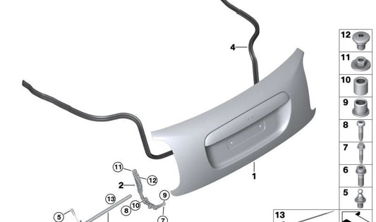 Bisagra de tapa de portamaletas derecha OEM 41007360370 para MINI F57 Cabrio, F57 LCI... y más. Original MINI.