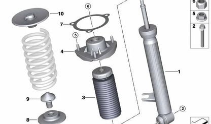 Tope de suspensión trasera con tubo protector OEM 33536865130 para BMW F15 y F16 (X5, X6). Compatible con sDrive25d, xDrive25d, xDrive28i, xDrive30d. Original BMW.